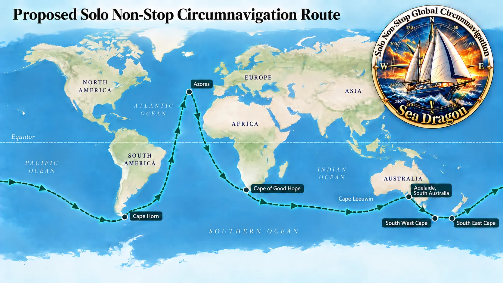 World map of the proposed eastabout route from Adelaide and back